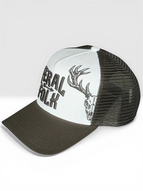 Trucker hat with 'Federal Folk' text and deer design on a white background