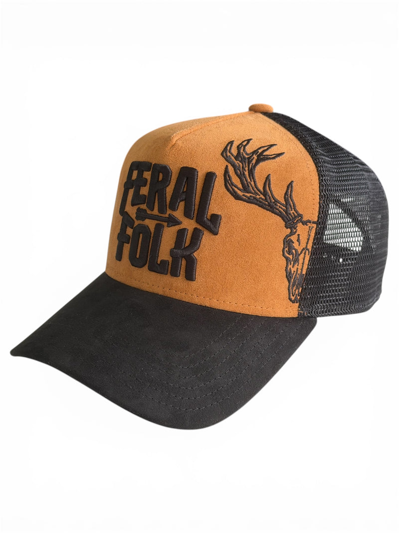 Trucker hat with 'Feral Folk' text and deer design on a white background