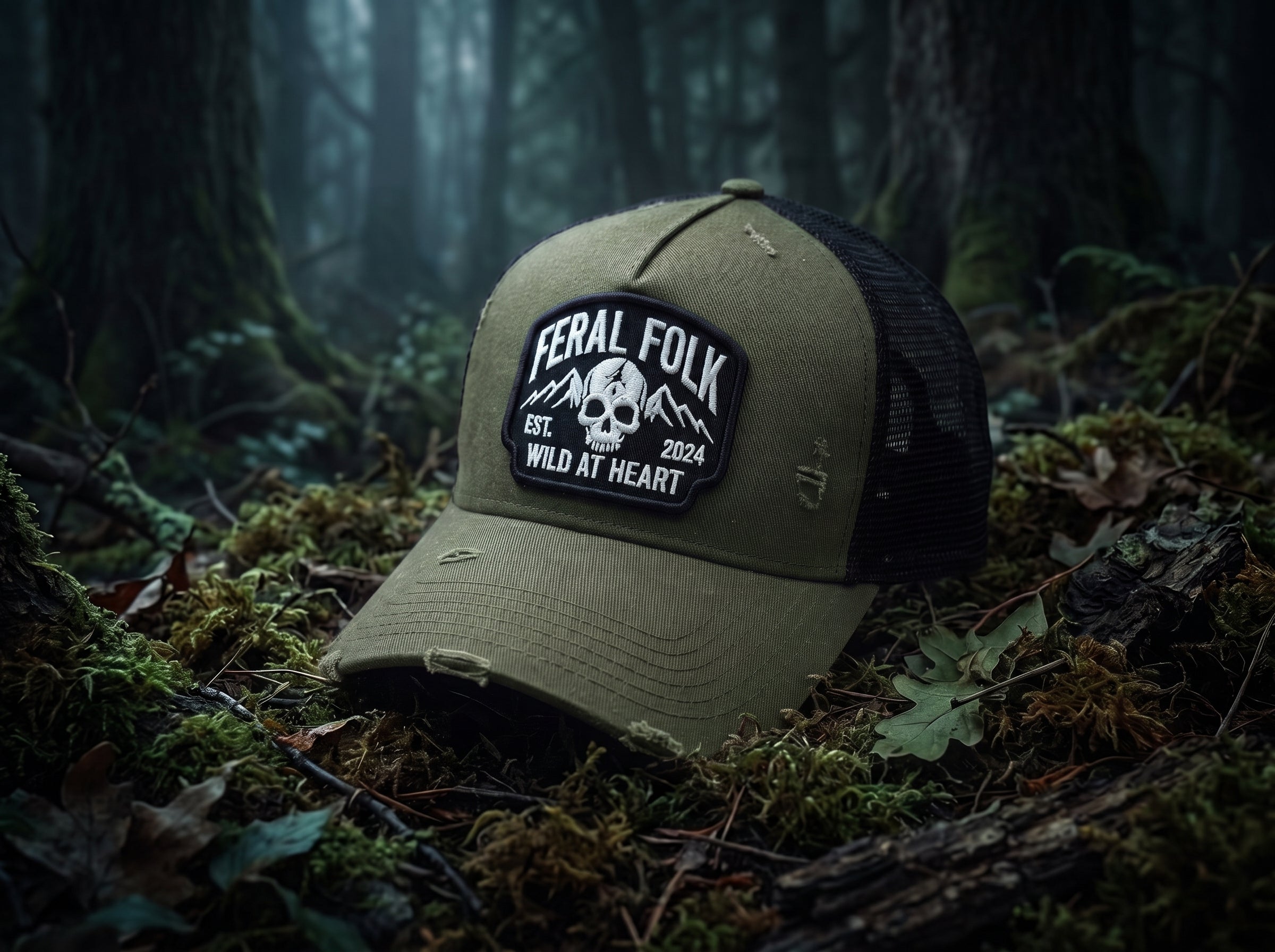 An olive green and black trucker hat with a distressed brim, resting on mossy forest floor debris with a dark, misty woodland background. The front patch reads 'FERAL FOLK EST.