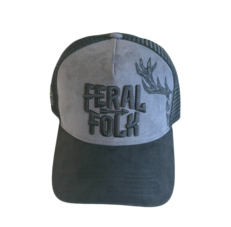 Gray and black cap with 'Feral Folk' text and deer emblem on a white background