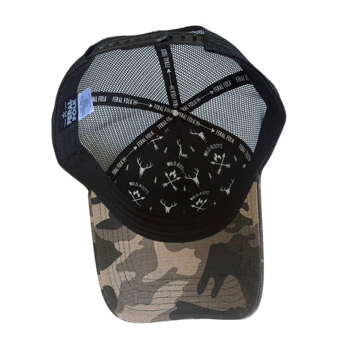 Black and camouflage Feral Folk cap with mesh back on a white background