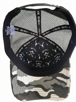 Black and camouflage cap with visible branding on a white background