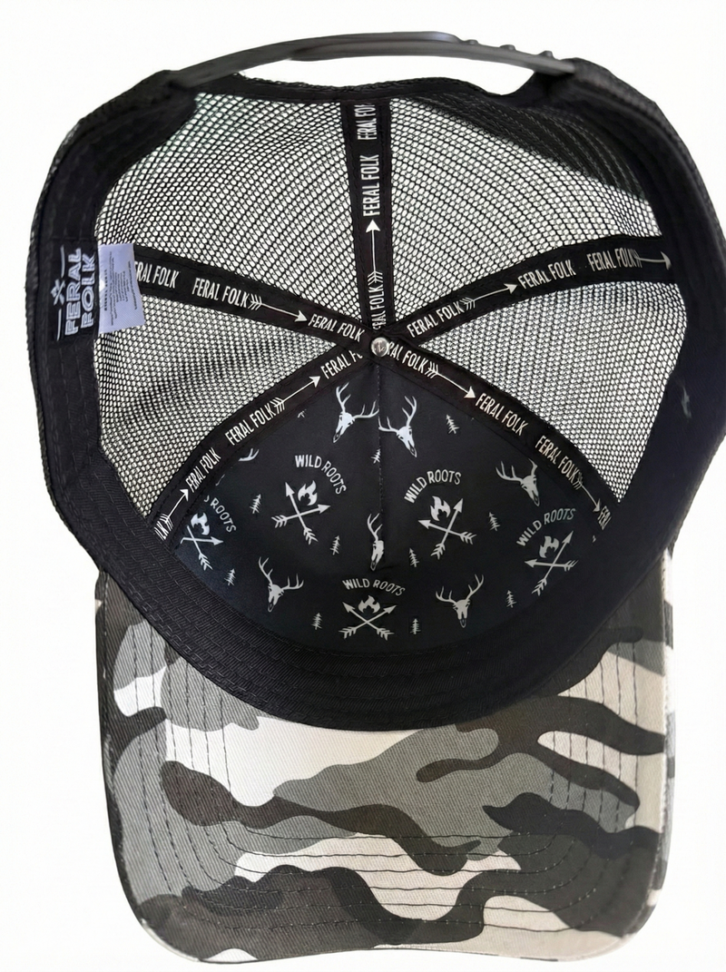 Black and camouflage cap with visible branding on a white background