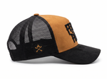 Black and brown trucker cap with mesh back on a white background