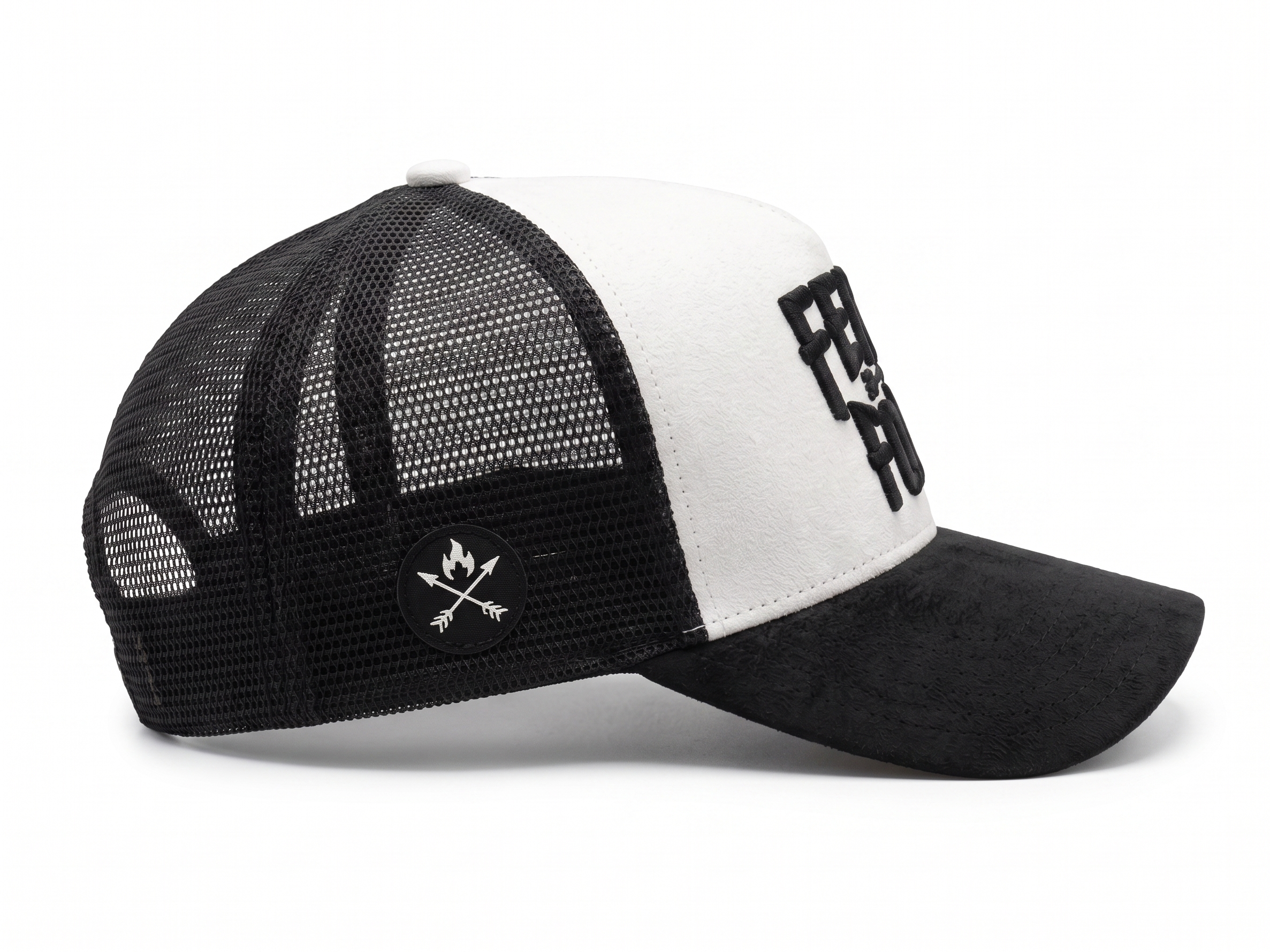 Black and white cap with mesh back and logo on a white background