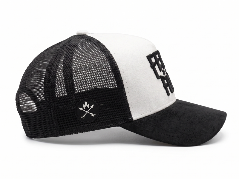 Black and white cap with mesh back and logo on a white background