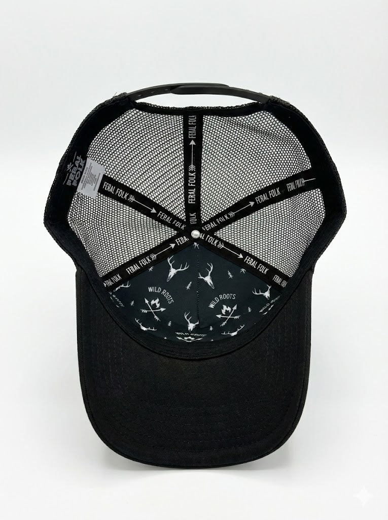 Black cap with mesh back and deer pattern on a white background