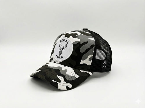 Camouflage feral folk trucker cap with a logo on a white background