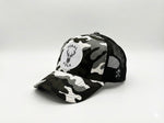 Camouflage feral folk trucker cap with a logo on a white background