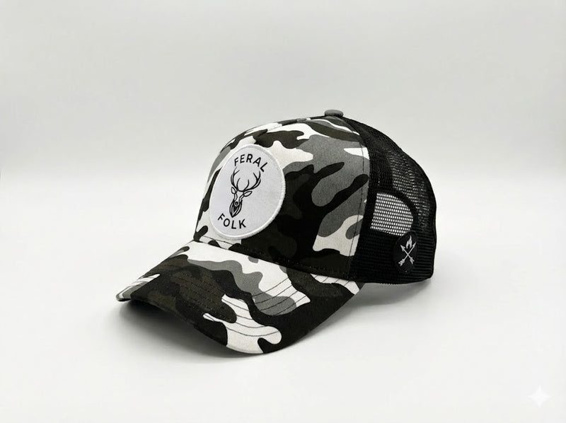 Camouflage feral folk trucker cap with a logo on a white background